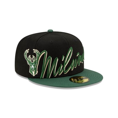 Sapca New Era Milwaukee Bucks NBA Cursive 59FIFTY Fitted - Negrii